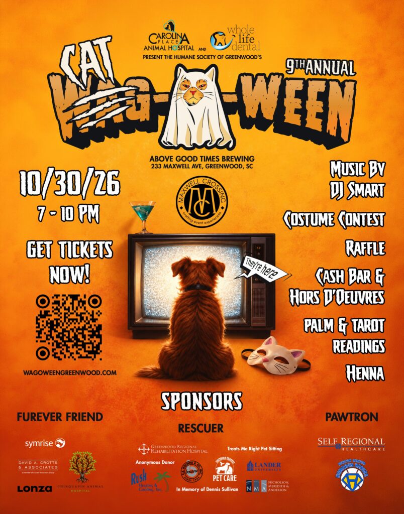 Carolina Place Animal Hospital and Whole Life Dental present the 9th Annual Cat Wag-O-Ween — 10/30/26, 7-10 PM at Above Good Times Brewing, 233 Maxwell Ave, Greenwood, SC